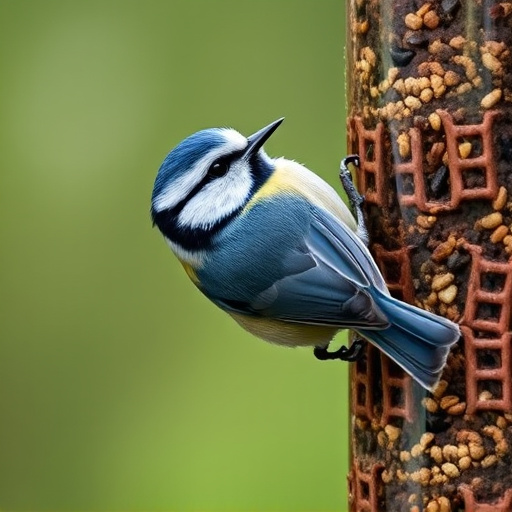 Blue tit clinging to feeder tube