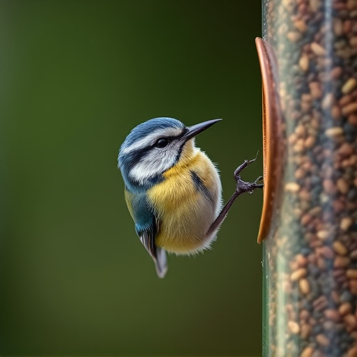 Blue tit clinging to feeder tube