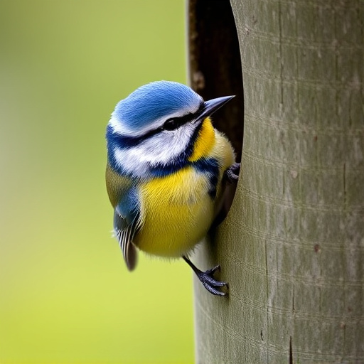 Blue tit clinging to feeder tube