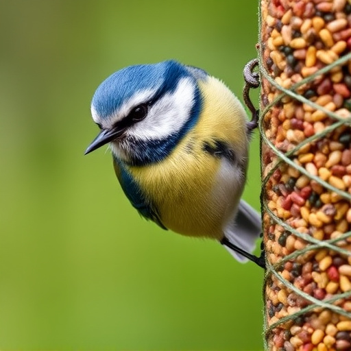 Blue tit clinging to feeder tube