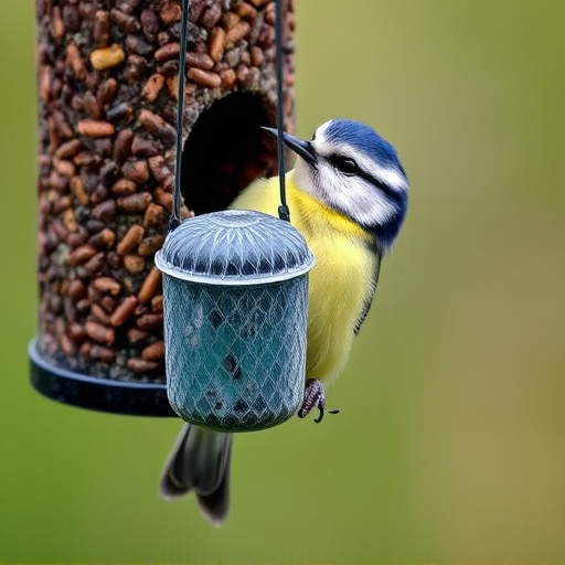 Blue tit clinging to feeder tube