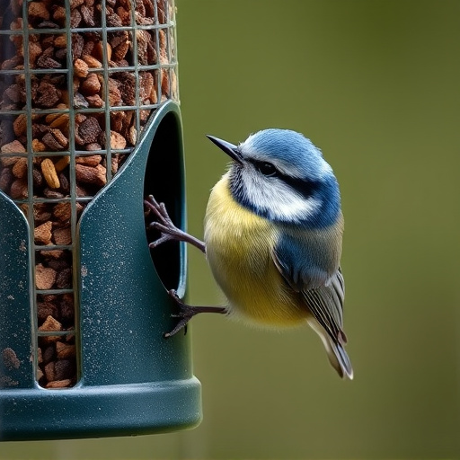 Blue tit clinging to feeder tube