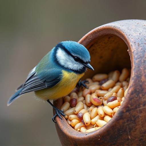 Blue tit clinging to mealworm-filled dish