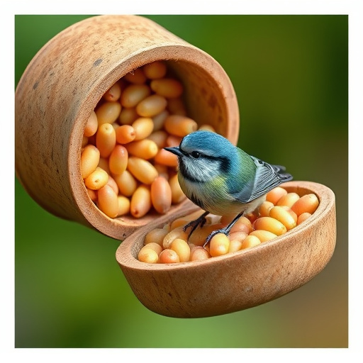 Blue tit clinging to mealworm-filled dish