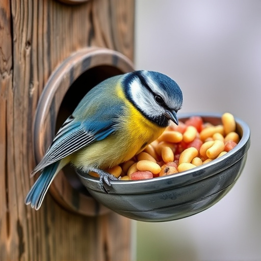 Blue tit clinging to mealworm-filled dish
