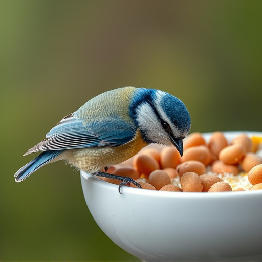 Blue tit clinging to mealworm-filled dish
