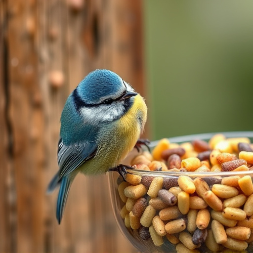 Blue tit clinging to mealworm-filled dish