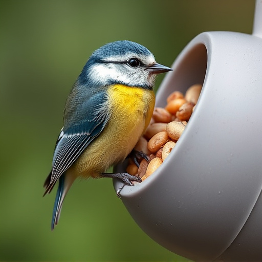 Blue tit clinging to mealworm-filled dish