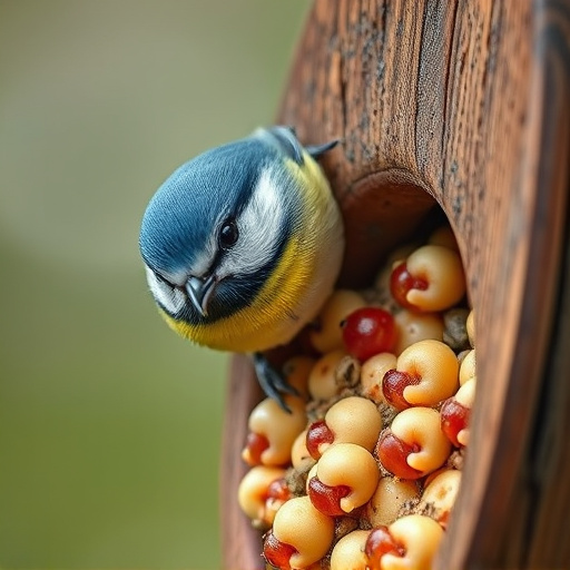 Blue tit clinging to mealworm-filled dish