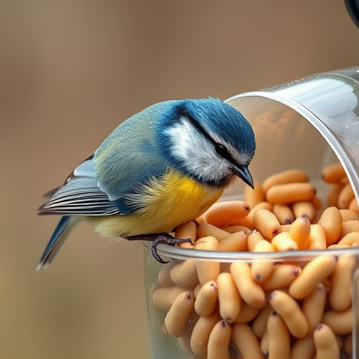 Blue tit clinging to mealworm-filled dish