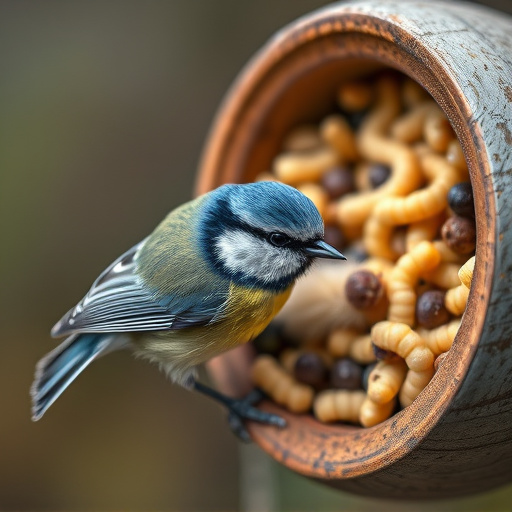 Blue tit clinging to mealworm-filled dish
