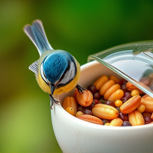 Blue tit clinging to mealworm-filled dish