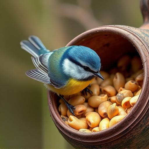 Blue tit clinging to mealworm-filled dish