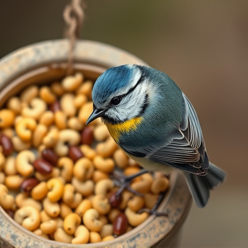 Blue tit clinging to mealworm-filled dish