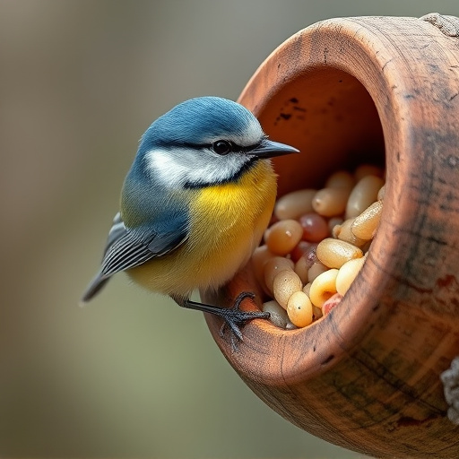 Blue tit clinging to mealworm-filled dish