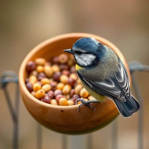 Blue tit clinging to mealworm-filled dish