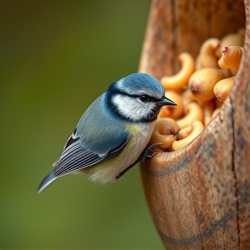 Blue tit clinging to mealworm-filled dish