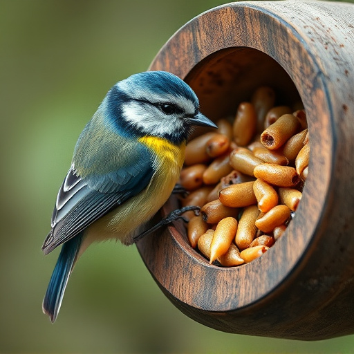 Blue tit clinging to mealworm-filled dish
