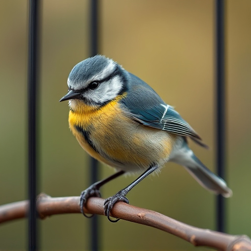 Blue tit eating suet from hanging cage