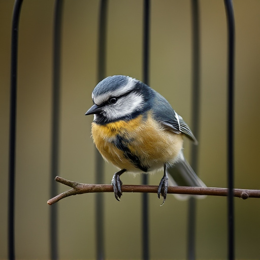 Blue tit eating suet from hanging cage