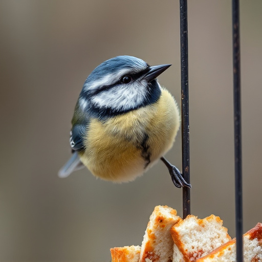 Blue tit eating suet from hanging cage