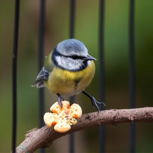 Blue tit eating suet from hanging cage