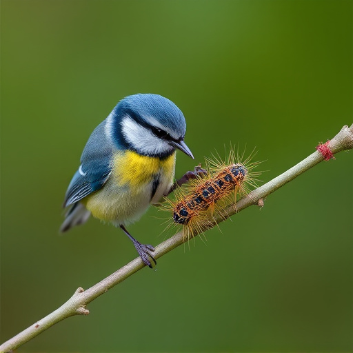 Blue tit feeding on caterpillars