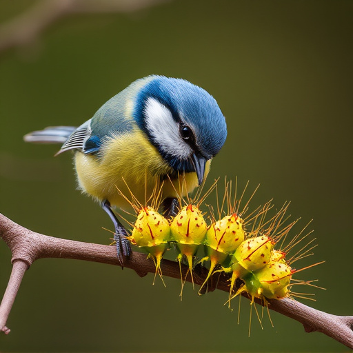 Blue tit feeding on caterpillars