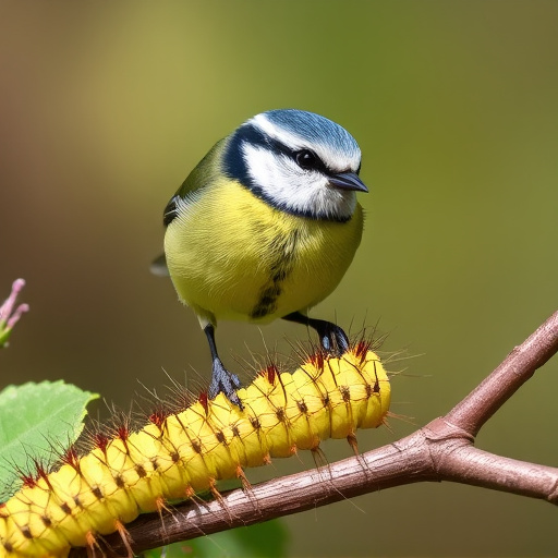 Blue tit feeding on caterpillars