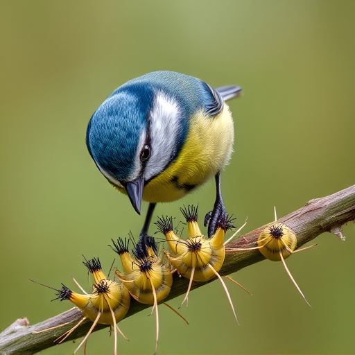 Blue tit feeding on caterpillars