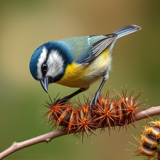Blue tit feeding on caterpillars