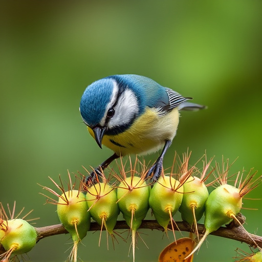 Blue tit feeding on caterpillars
