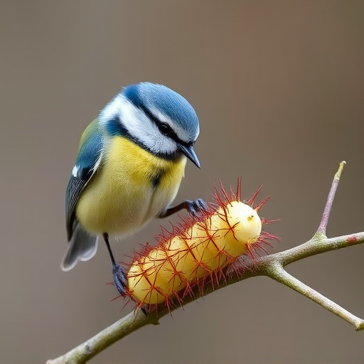 Blue tit feeding on caterpillars