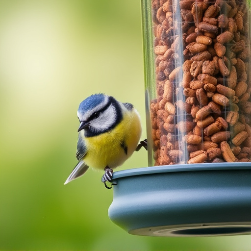 Blue tit feeding on hanging feeder