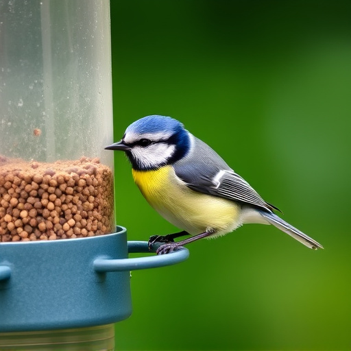 Blue tit feeding on hanging feeder