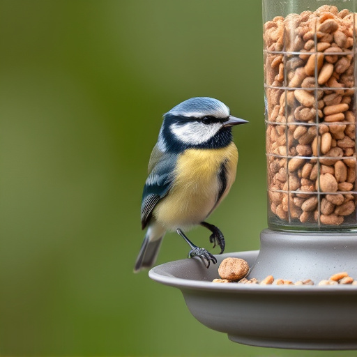 Blue tit feeding on hanging feeder