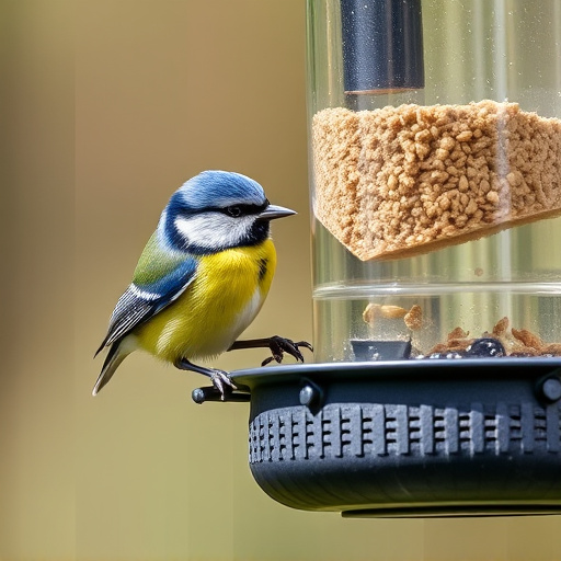 Blue tit feeding on hanging feeder