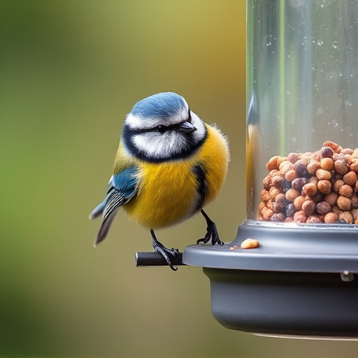 Blue tit feeding on hanging feeder