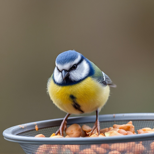 Blue tit feeding on hanging feeder