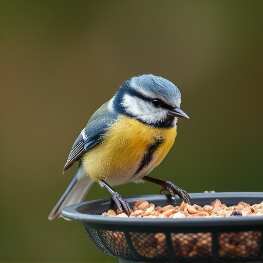 Blue tit feeding on hanging feeder