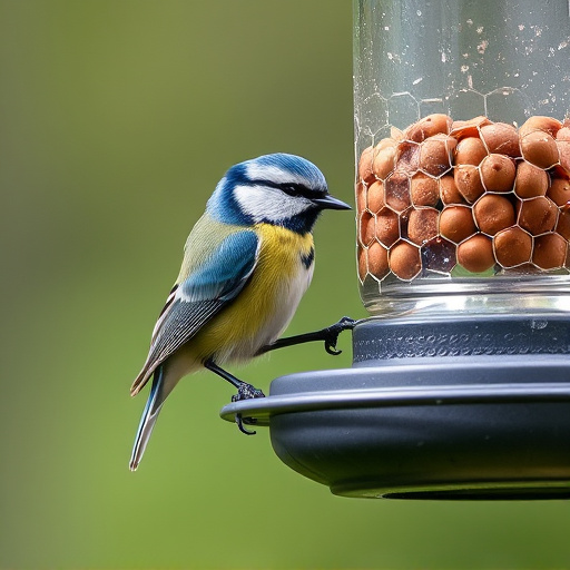 Blue tit feeding on hanging feeder