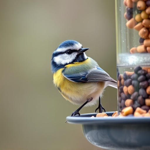 Blue tit feeding on hanging feeder