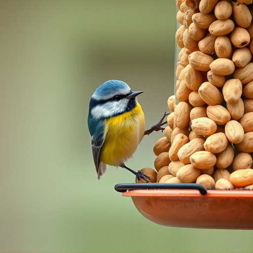 Blue tit feeding on hanging peanut feeder