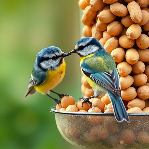 Blue tit feeding on hanging peanut feeder