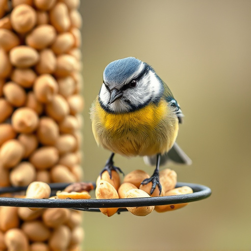 Blue tit feeding on hanging peanut feeder