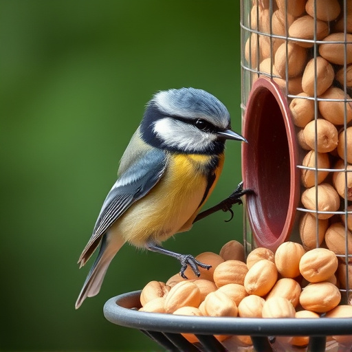 Blue tit feeding on hanging peanut feeder