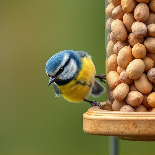 Blue tit feeding on hanging peanut feeder