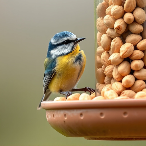 Blue tit feeding on hanging peanut feeder