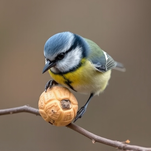 Blue tit holding peanut piece