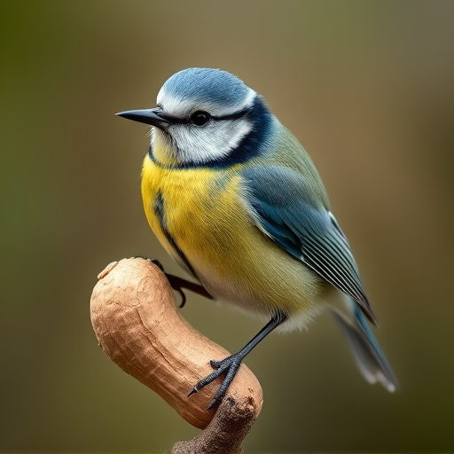 Blue tit holding peanut piece